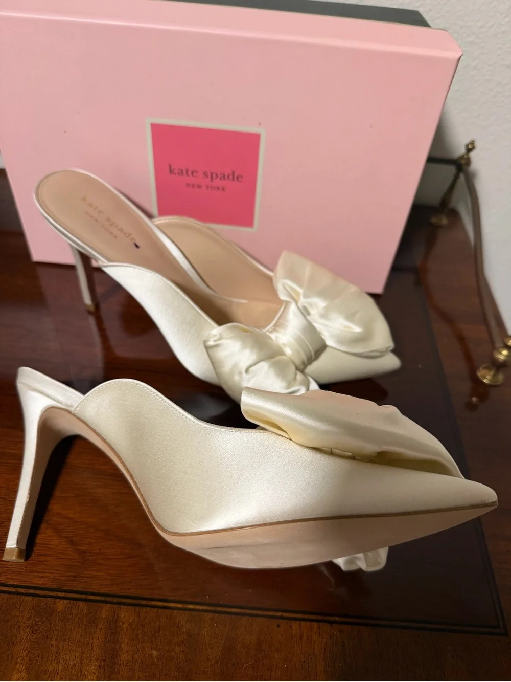 kate spade Ivory White Satin Pointed Bow Slip-On Heels Bridal Wedding